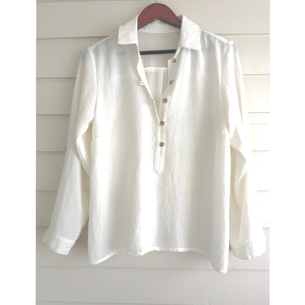 Fridaze White Linen Button Up Top - Flowy Drapey Lagenlook Artsy Coastal Small